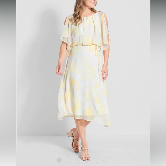 NWT ModCloth Flowy Floral Midi Dress in Pastel Yellow, Pink with Tie Waist - Picture 1 of 16